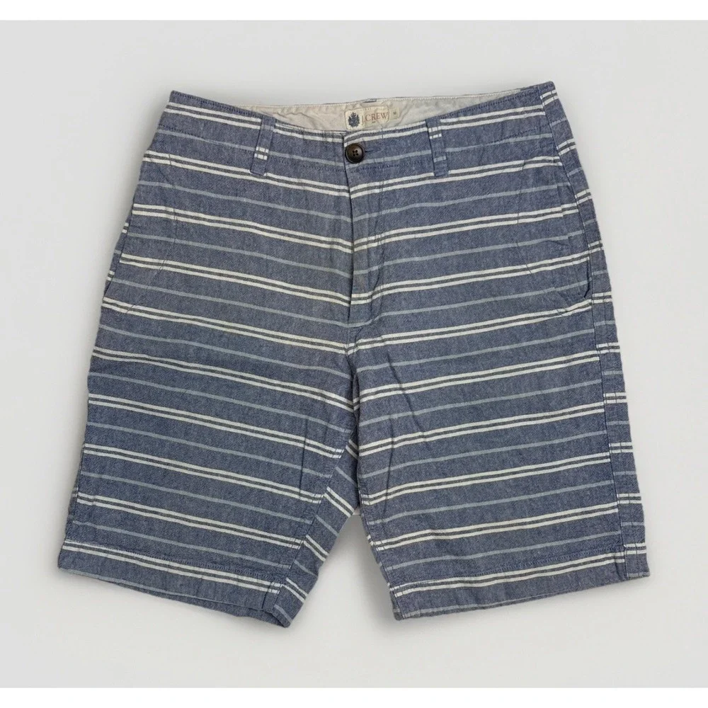 J. Crew Mens Blue and White Striped Flat Front Summer Shorts Linen Blend Size 30